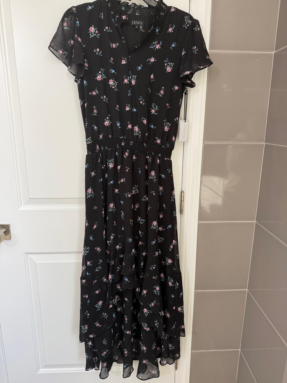 1.STATE Black Midi Dress with Pink and Blue Floral Print